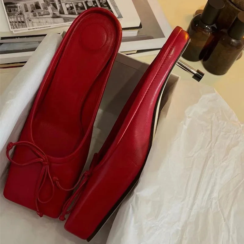 Brand Designer Mule Pumps Slippers Bow Square Toe Party Dress Shoes Red High Heels Sandals