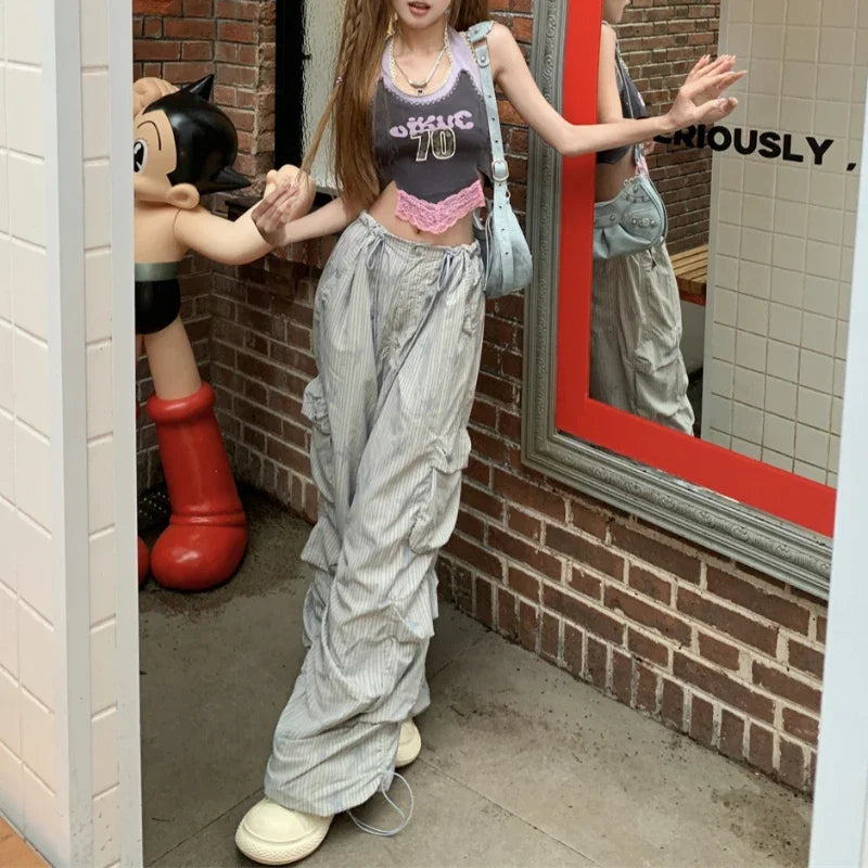 Summer New Korean Letter Printed Lace Patchwork Camisole + High Waist Drawstring Striped Pants Twopiece Suit