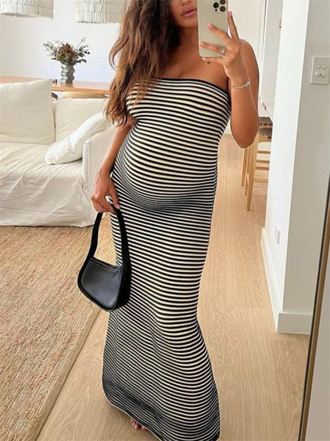 Striped Knit Female Long Dress Bandeau Loose Contrast High Waist Backless Patchwork Summer Knitwear Maxi Dress