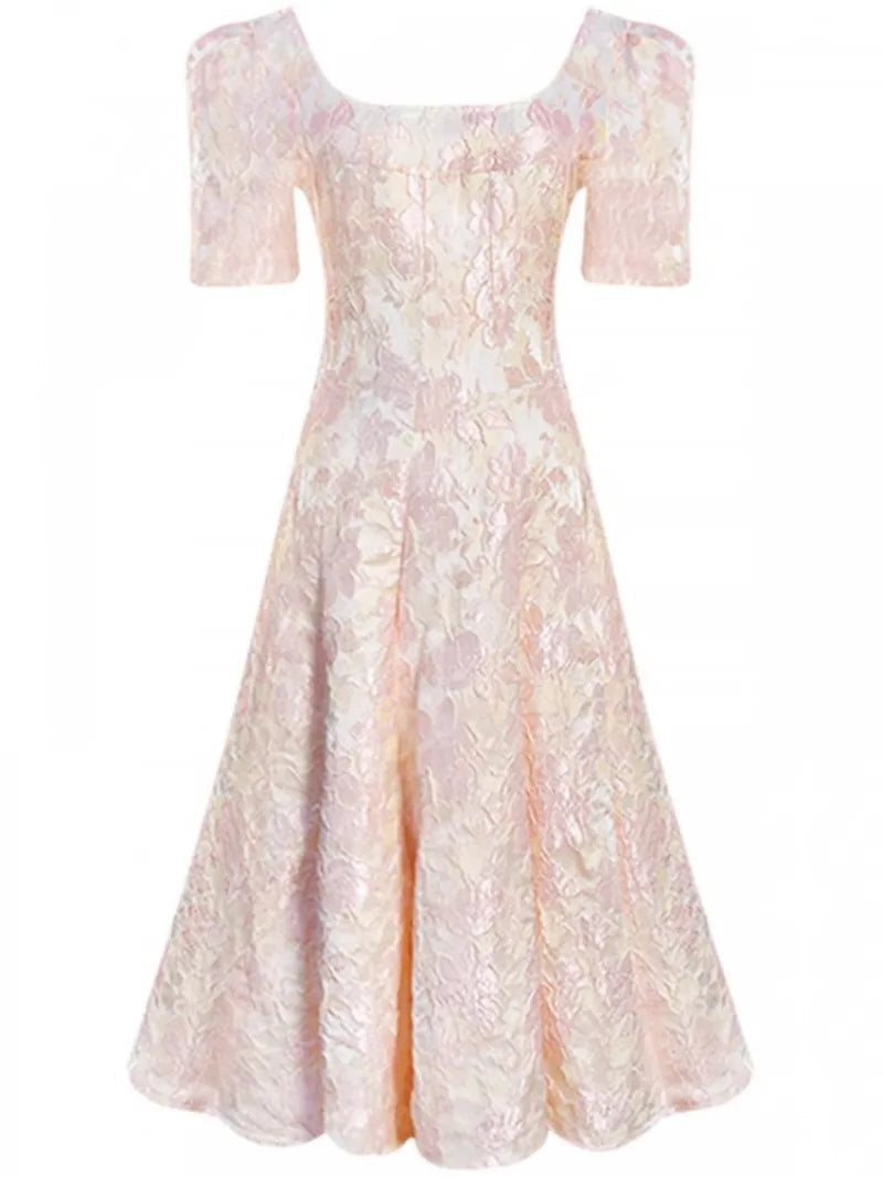 New Bubble Sleeve Pink Waist Cinching Summer Printing Gentle French Slimming Temperament Long Dresses