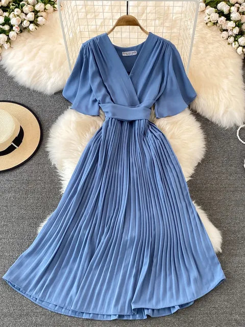 Pleated Dress Summer Short Sleeve V-neck Dresses a Line High Waisted Midi Dress
