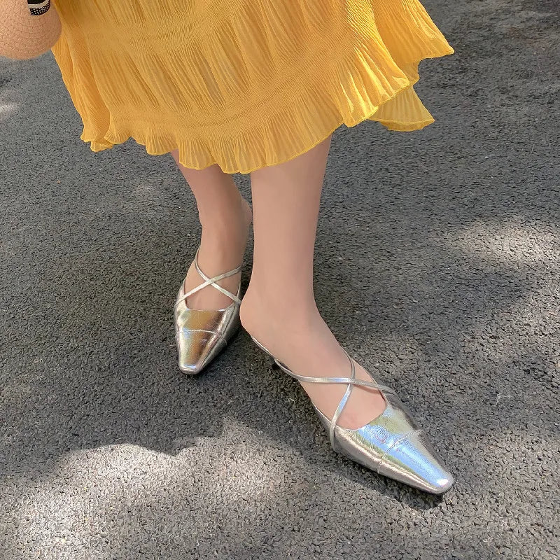 Spring Summer Sandals Party Genuine Leather Thin Heels Mules Slippers Narrow Band Shoes Woman