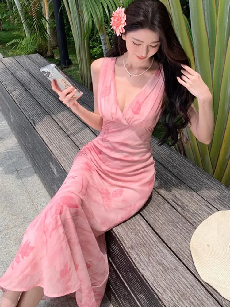 Print Long Dresses Vneck Sleeveless Bodycon Evening Party Dress New Slim Waist Vestidos Mujer New Robe