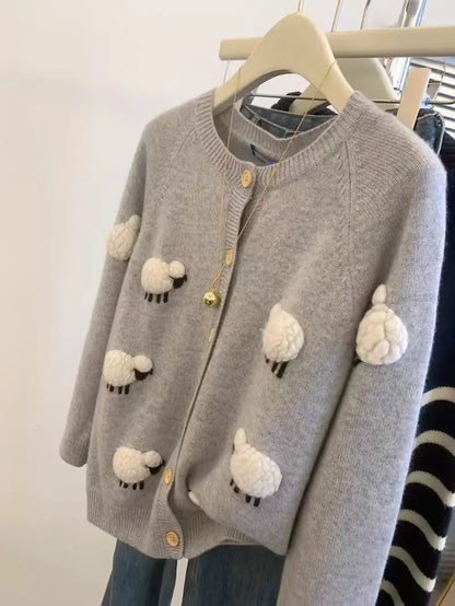 Sweet Hot Girl Threedimensional Lamb Knitted Cardigan Autumnwinter Thickened Oneck Longsleeved Loose Sweater