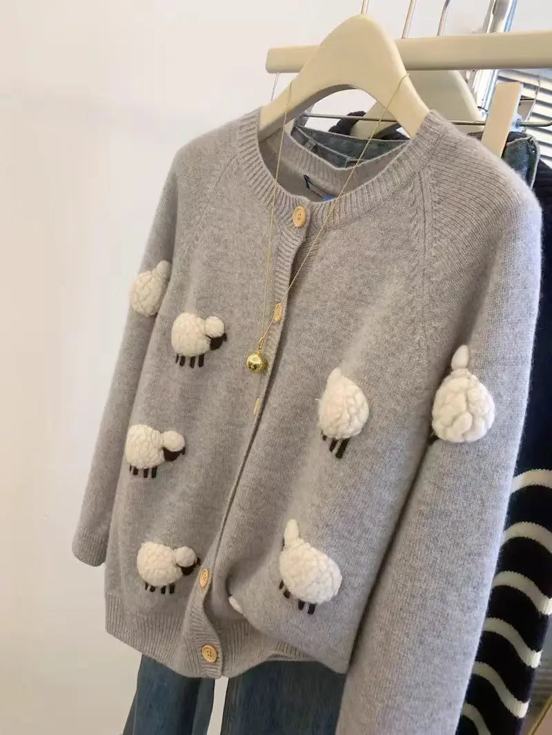 Sweet Hot Girl Threedimensional Lamb Knitted Cardigan Autumnwinter Thickened Oneck Longsleeved Loose Sweater