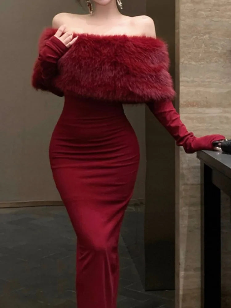 New Bodycon Midi Dress Long Sleeve Slim Christmas Party Prom Clothes Female Vestidos