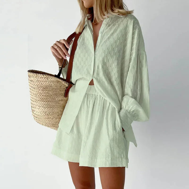 New Beach Shirt Shorts Twopiece Set Summer Tracksuit Female Loose Long Sleeve Top Suit Lounge Wear Homewear