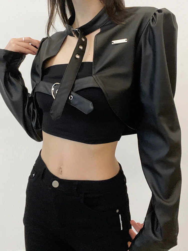 Punk Style Buckles Black Pu Leather Jacket Spring Autumn Smock Cropped Coat Cardigan Outfits
