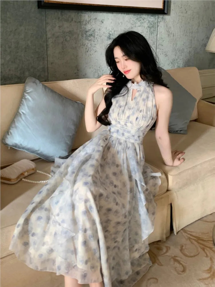 New Strapless Sleeveless White Chiffon Long Dress French Retro Fairy Tale Princess Dress Ruffled Fluffy Dress