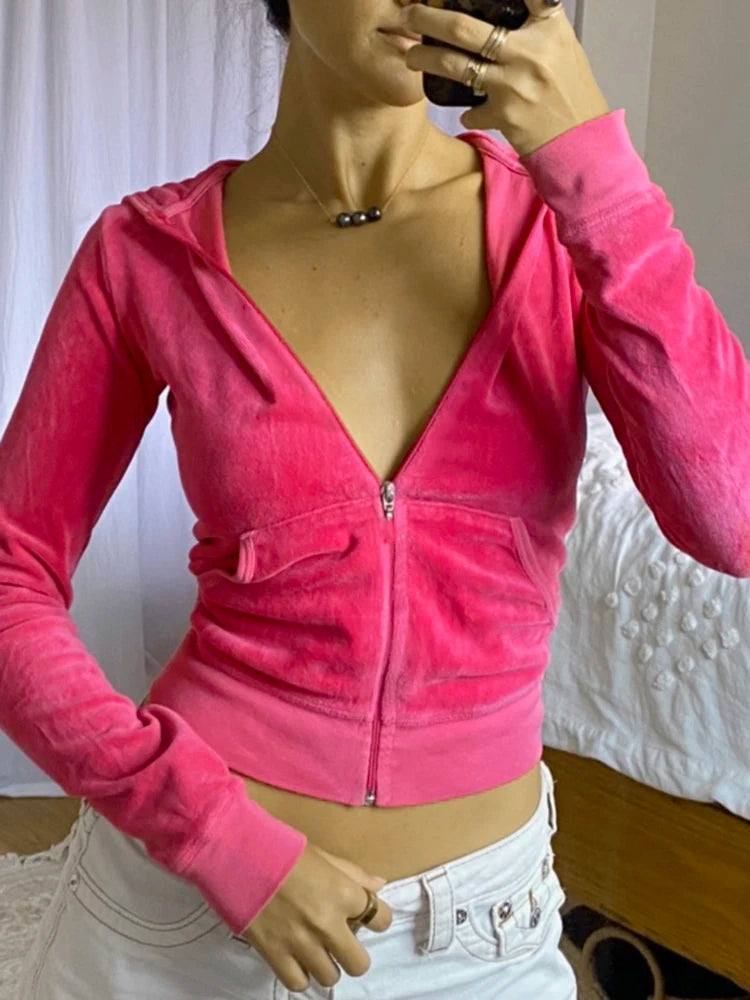 Velvet Crop Top Winter Jacket Green Pink Zip Up Hoodies Coats Skinny Overcoat