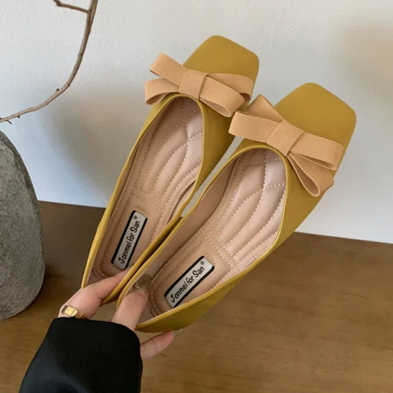 New Mary Jane Shoes Square Toe Flats Shallow Dress Shoe Butterfly Knot Patent Leather Soft Soled Ballet Shoes