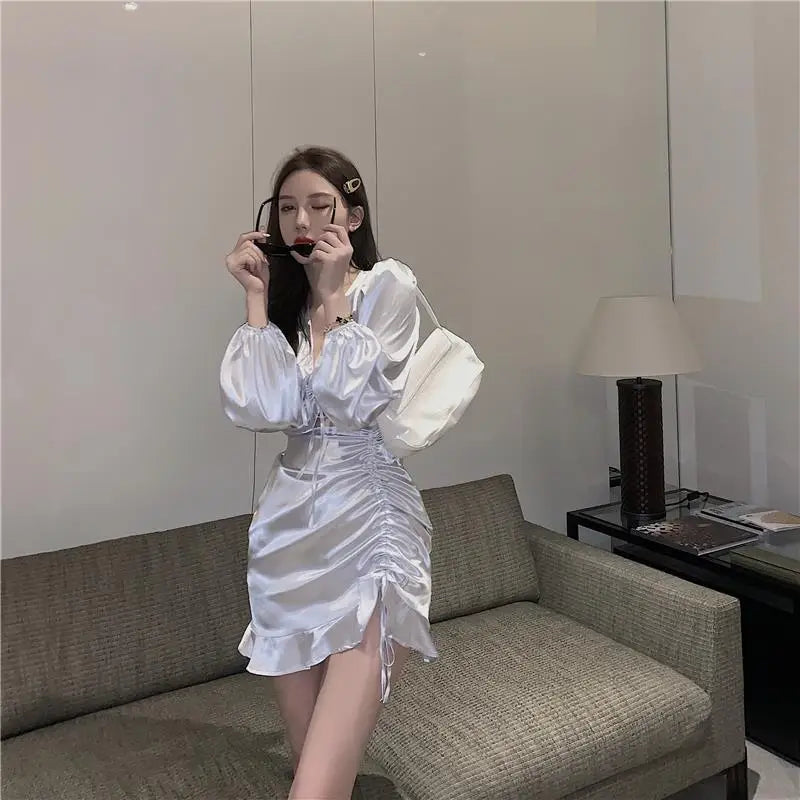 Autumn Vneck Club Mini Dress Hollow Out Irregular Ruffles Design Dress Prom Evening Party Dress