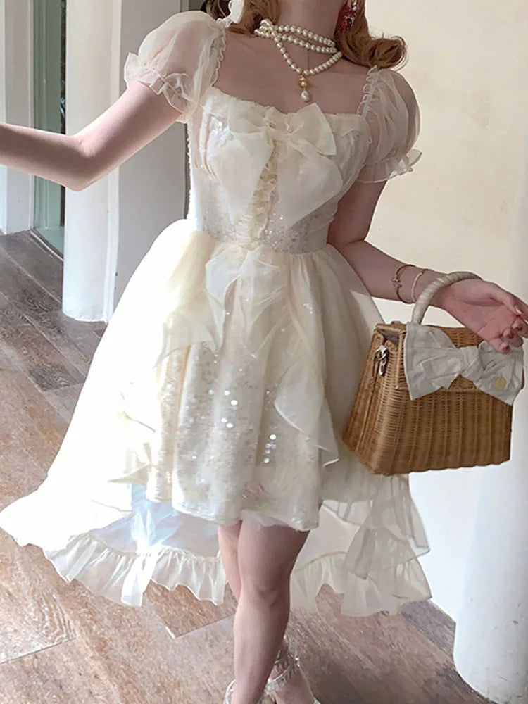 French Style Temperament Sweet for Dress New Spring Summer Sequinstighten the Waist Dress Bow Princess Mini Dress