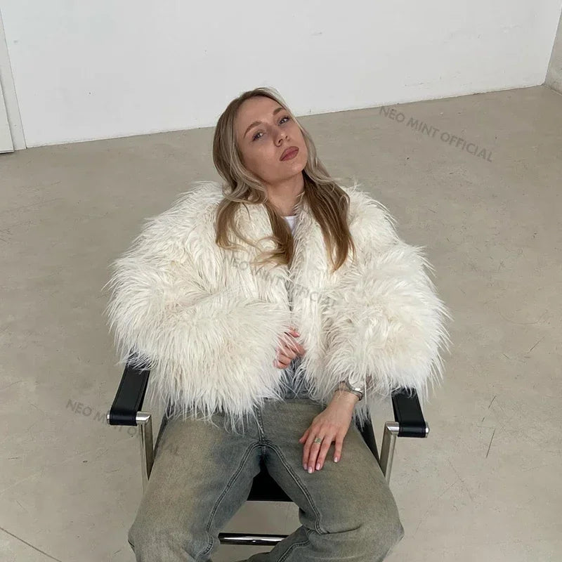 Winter Tassels Faux Fur Coat for Stylish Fluffy Fur Jacket Furry Fox Fur Overcoat Girl Shaggy Outerwear