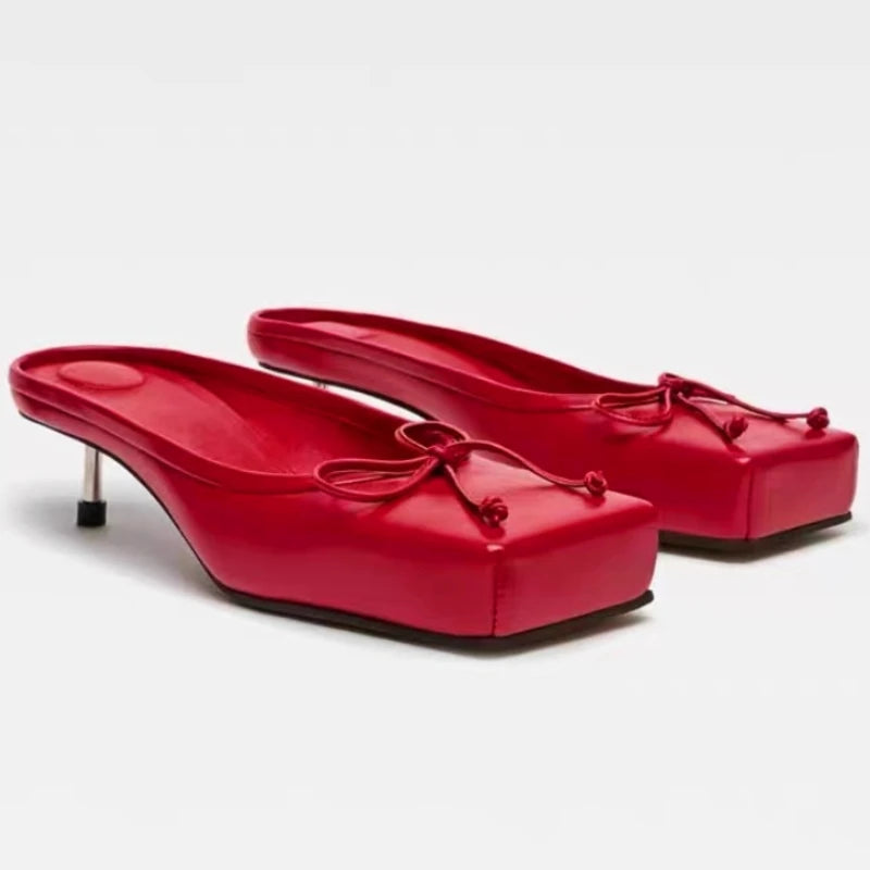 Brand Designer Mule Pumps Slippers Bow Square Toe Party Dress Shoes Red High Heels Sandals