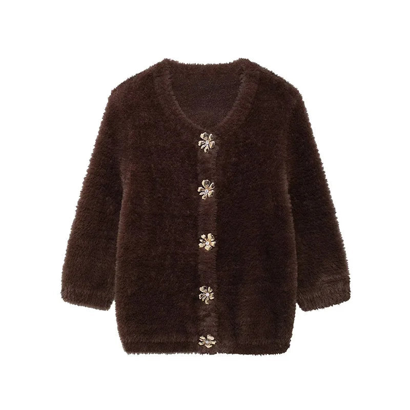 Faux Fur Half Sleeve Cardigans Single Breasted O-neck Loose Wine Red Sweater Female Furry Autumn Tops