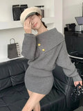 Y2k Sweater Knitted Dress for Diagonal Collar Off Shoulder Birthday Party Mini Dress Autumn Female Clothing