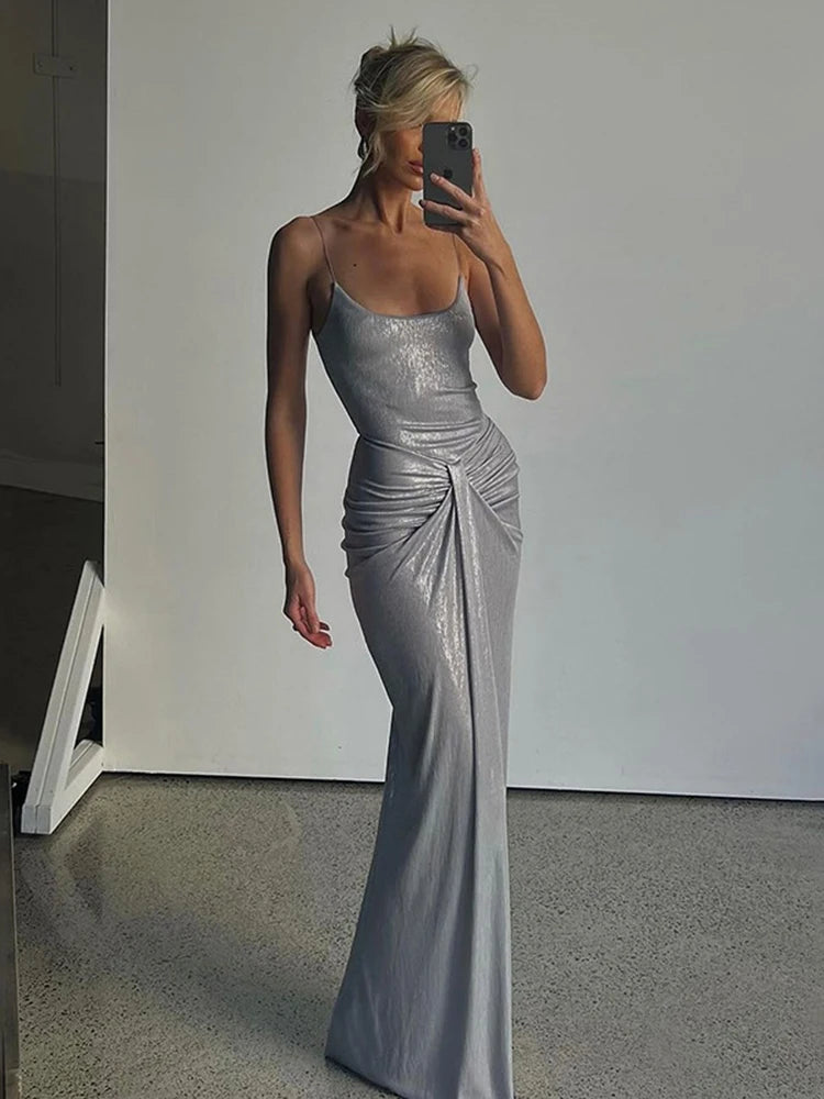 Spaghetti Strap Backless Maxi Dress Outfits Birthday Vestido New Club Party Ruched Dresses Female