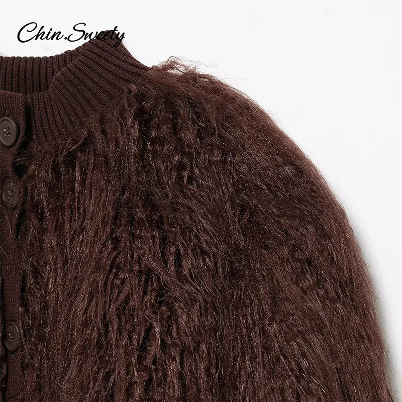 Burgundy Fur Coats Warm Thick O-neck Long Sleeve Loose Jackets Female Autumn Winter Party Outwear