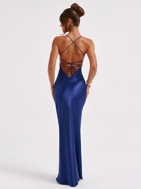 Spaghetti Strap Bodycon Satin Dress With Open Back Lace Up Female Long Dress Party Club Evening Dress