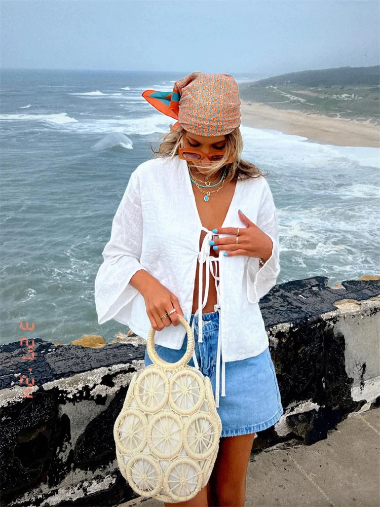 V-neck Lace Up Shirts Spring Summer New Long Sleeve Blouse for Female Street Lady Tops
