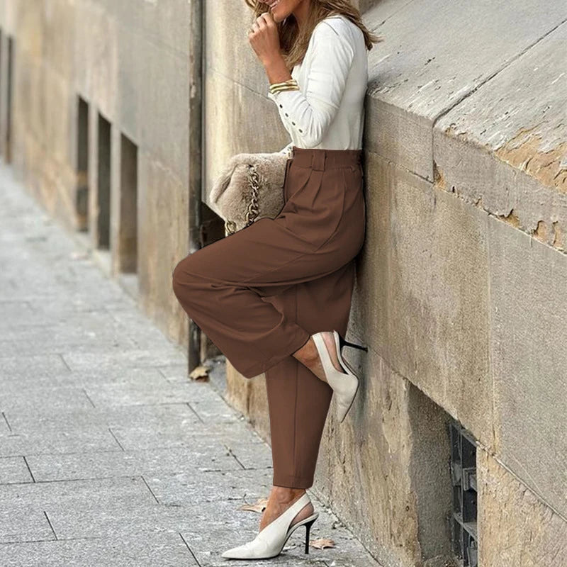 Color Temperament Nine Point Pants High Waist Straight Pants Female Pockets Commute Blazer Trousers