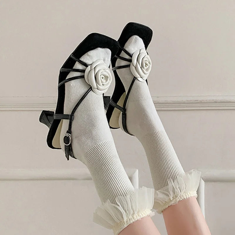 Open Toe Camellia Flower Sandals Square Toe Hollow Summer Strappy Daily Dress Shoes High Heels Beach Shoes