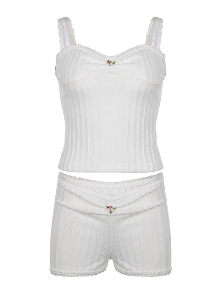 Woman Hot Pants Japanese Outfits Gyaru Tank Top Shorts Halter Top Sets Crochet New Trend Top Core