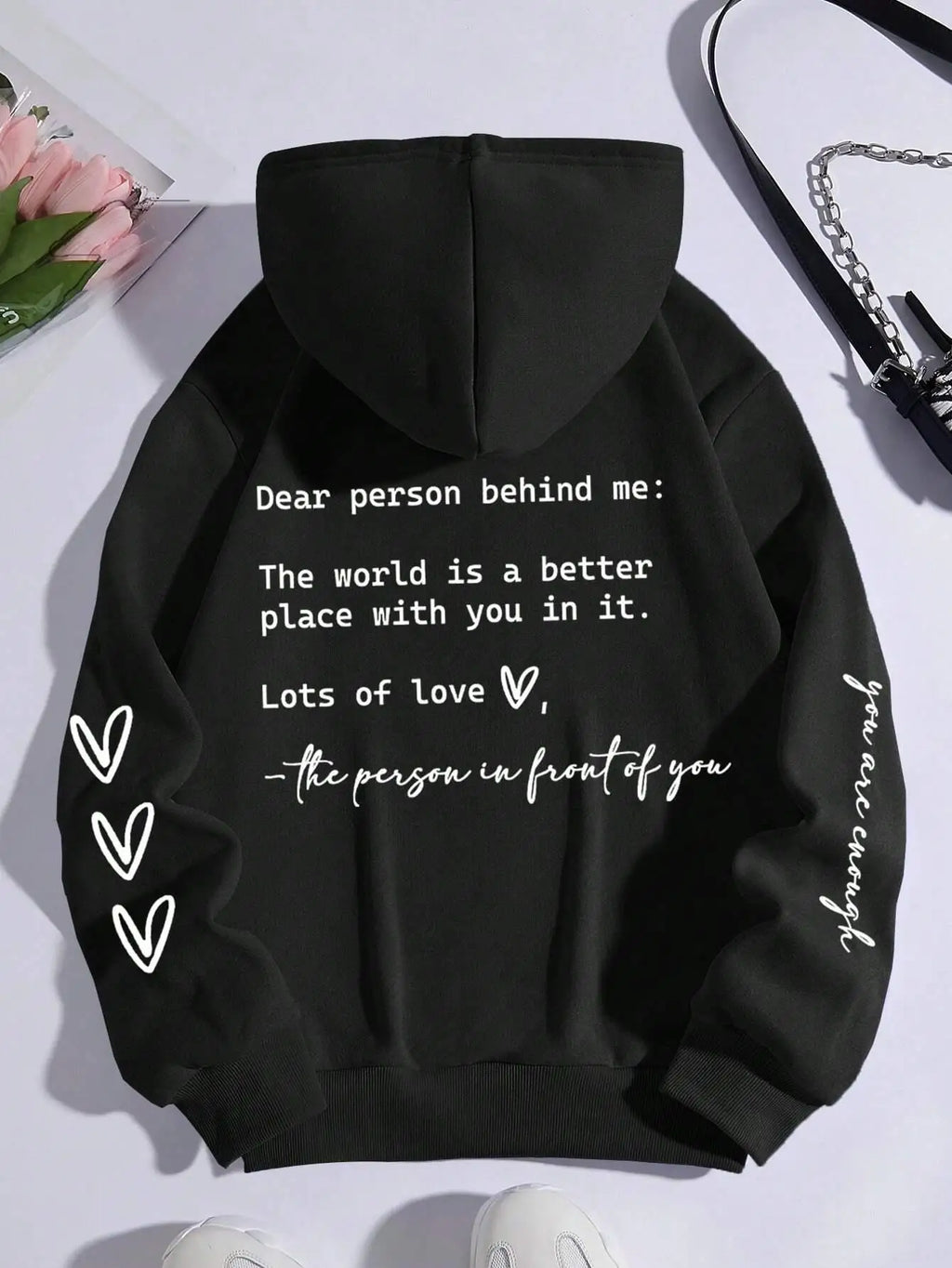Dear Person Behind Me Letter Graphic Print Hoody ’s Soft Sweatshirt Autumn Warm Fleece Hooded Loose Tops