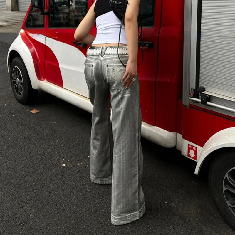 Bleached Distressed Jeans Spring New High Waist Multibutton Loose Denim Wide Leg Pants