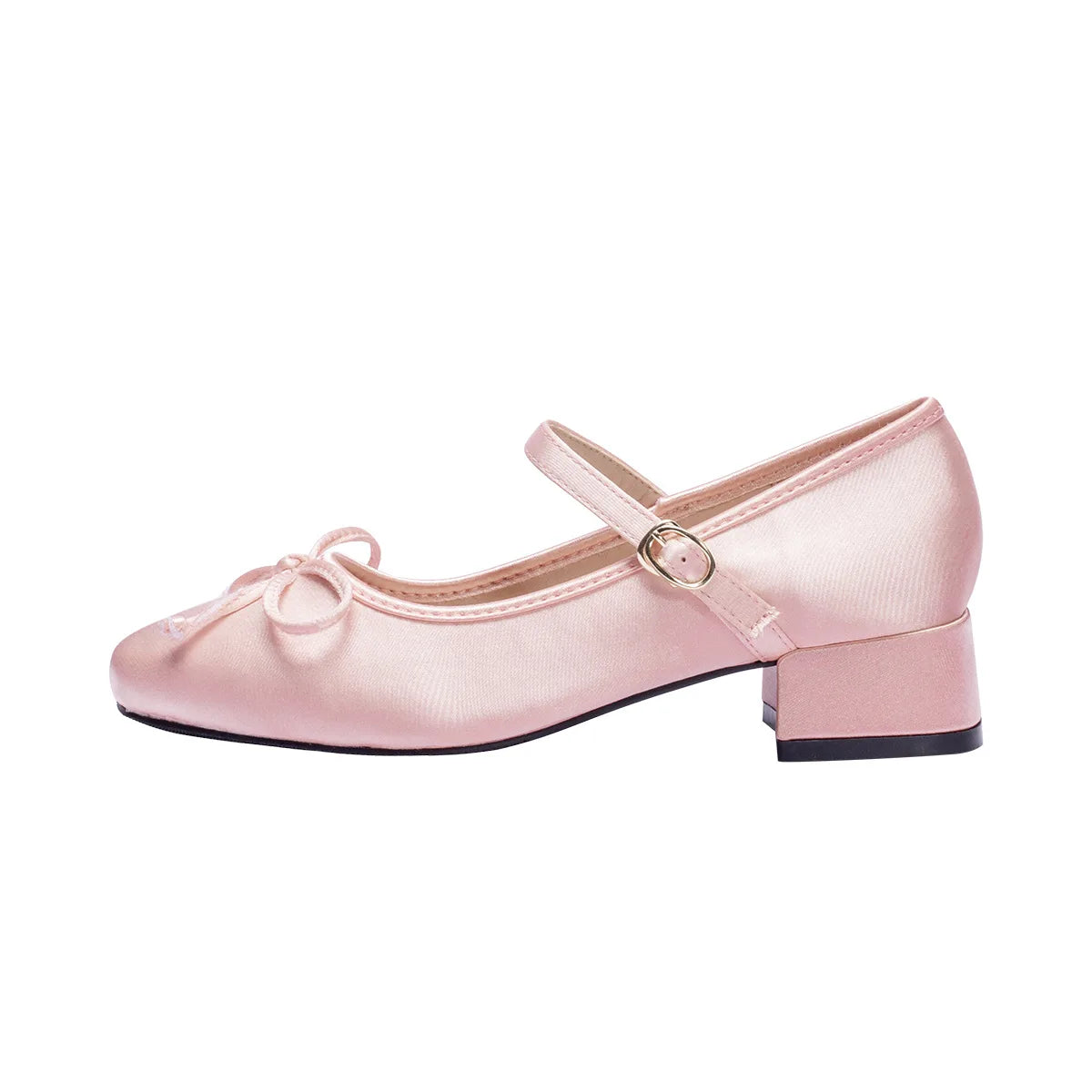 /girl's Pink Silk Pumps Sweet Bowtie Mary Janes Shoes Woman Square Toe Silk Tacones Ballerina Shoes Medhgh Heels Bow Shoes