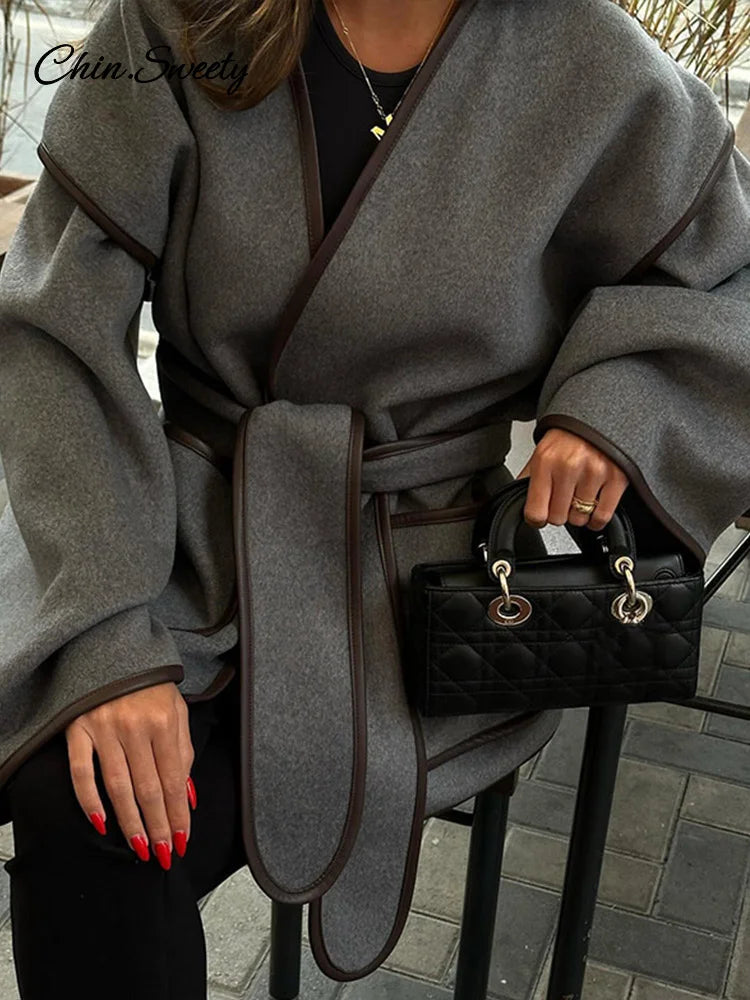 Patchwork Belt ’s Coats Contrast V-neck Long Sleeve Pocket Female Overcoats Autumn Lady New in Outwear