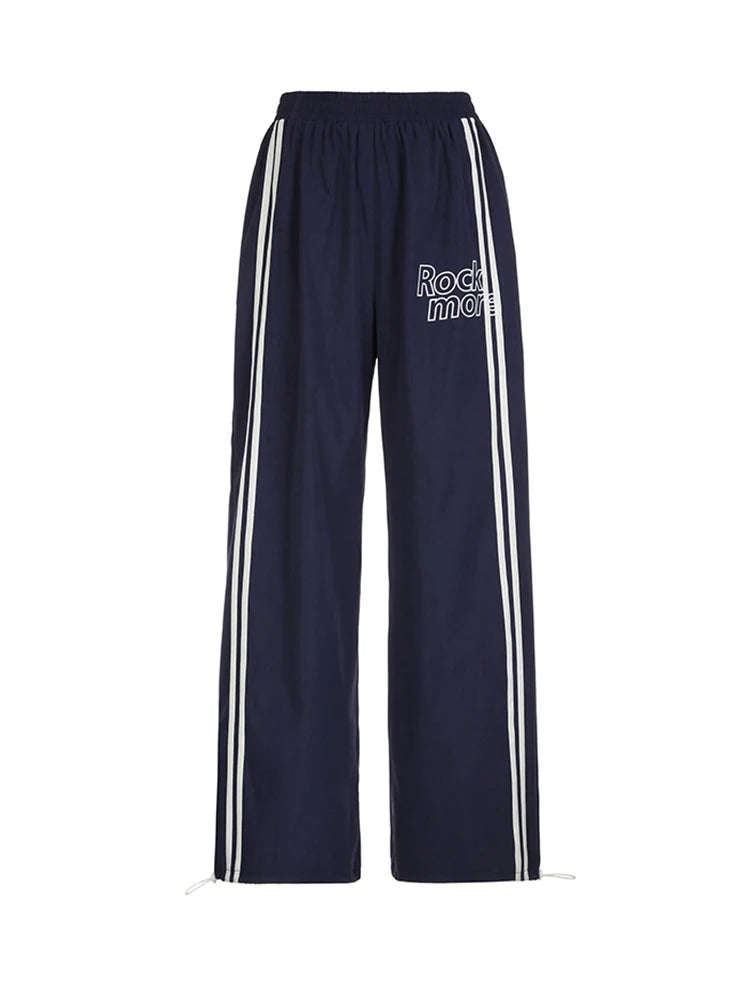 Side Stripe Elastic High Waist Loose Straight Leg Pants Letter Print Street Style Hippie Baggy Trousers Preppy