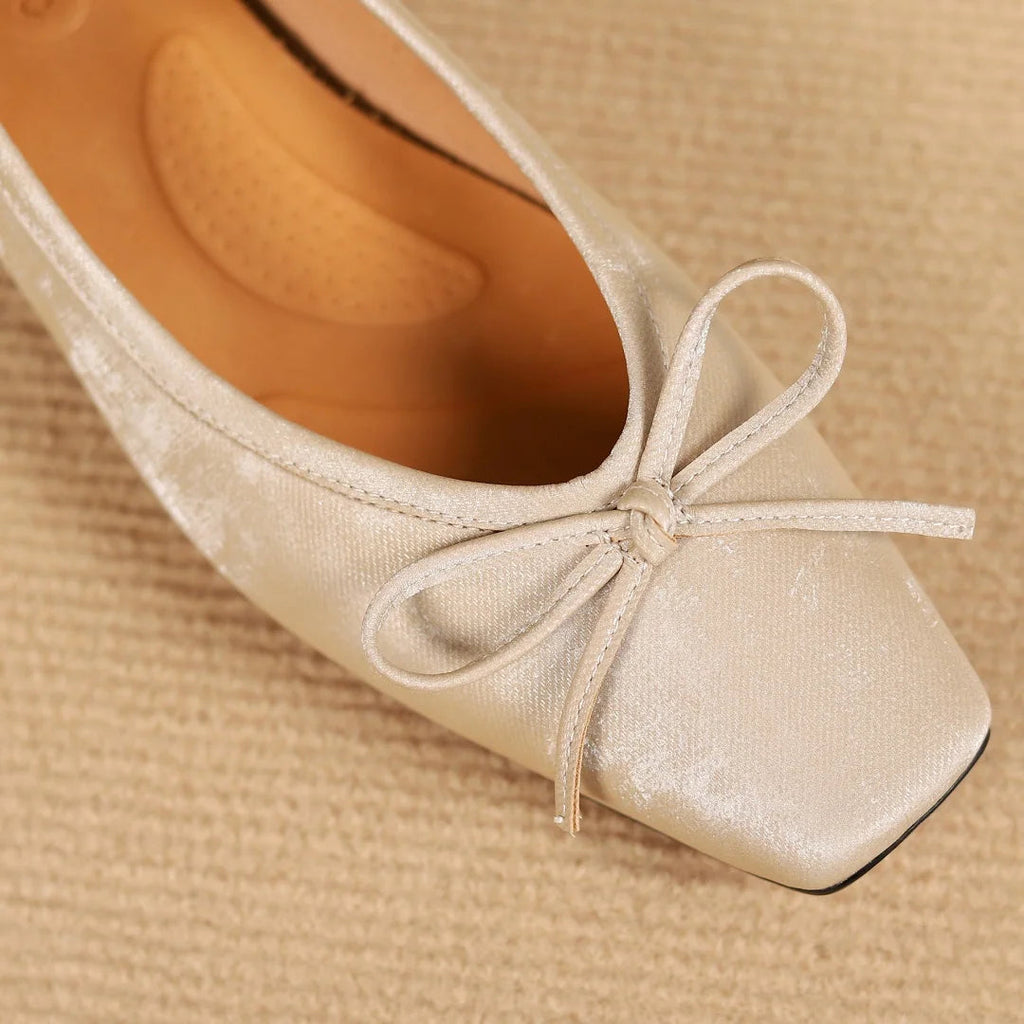 Genuine Leather Square Toe Slipon Flats Slim Single Shoes Sweet Bowtie Retro Female Daily Footwear Soft Comfort Shoes