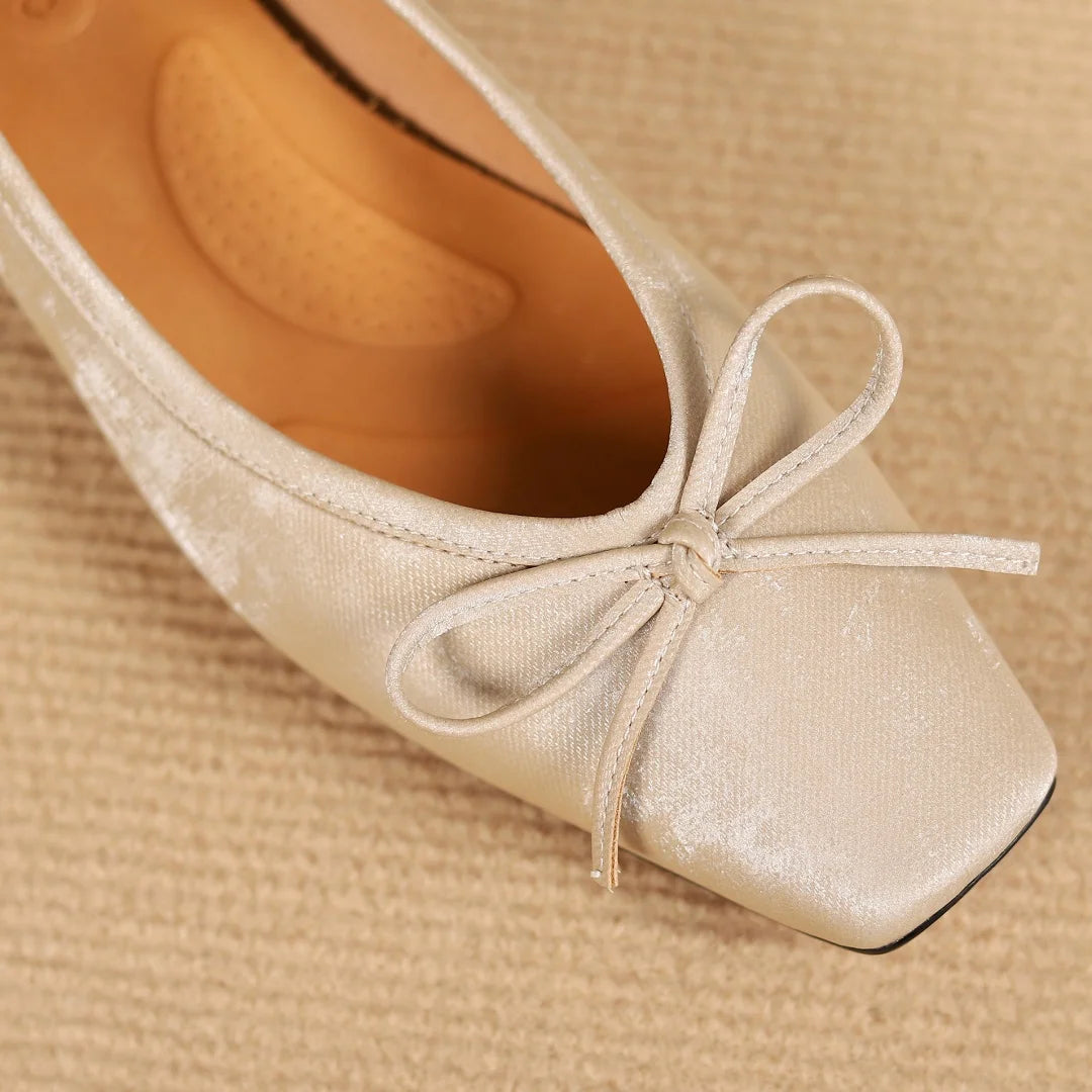 Genuine Leather Square Toe Slipon Flats Slim Single Shoes Sweet Bowtie Retro Female Daily Footwear Soft Comfort Shoes