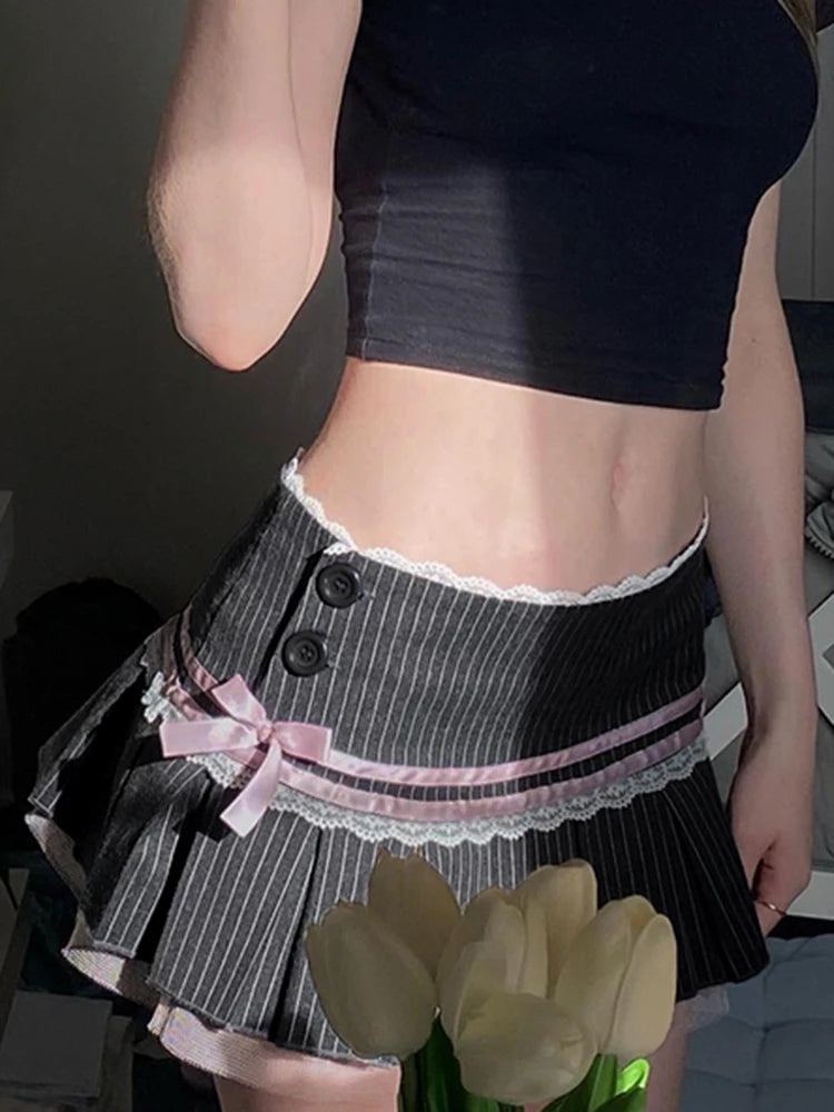 Contrast Lace Bow Stripe Y2k Mini Pleated Skirt Button Up Low Waist a Line Kawaii Sweet Ballet Preppy Skirts