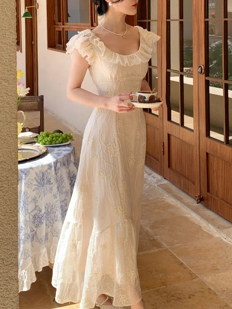 Summer French Midi Dress Ruffles Slim Party Dress Holiday Beach Korean Vestidos