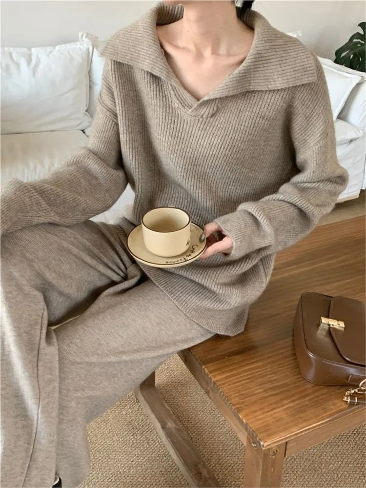 Autumn Winter ’s Knitted 2-piece Set Lapel Pullover Sweater Long Pants Korean Female Clothing Knitwear New