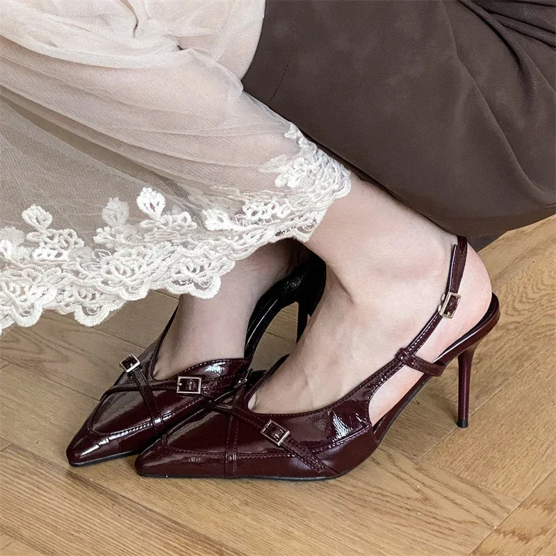 Street Style Buckle Strap Pumps Thin High Heels Pointed Toe Wedding Banquet Mule Shoes Zapatillas De Mujer