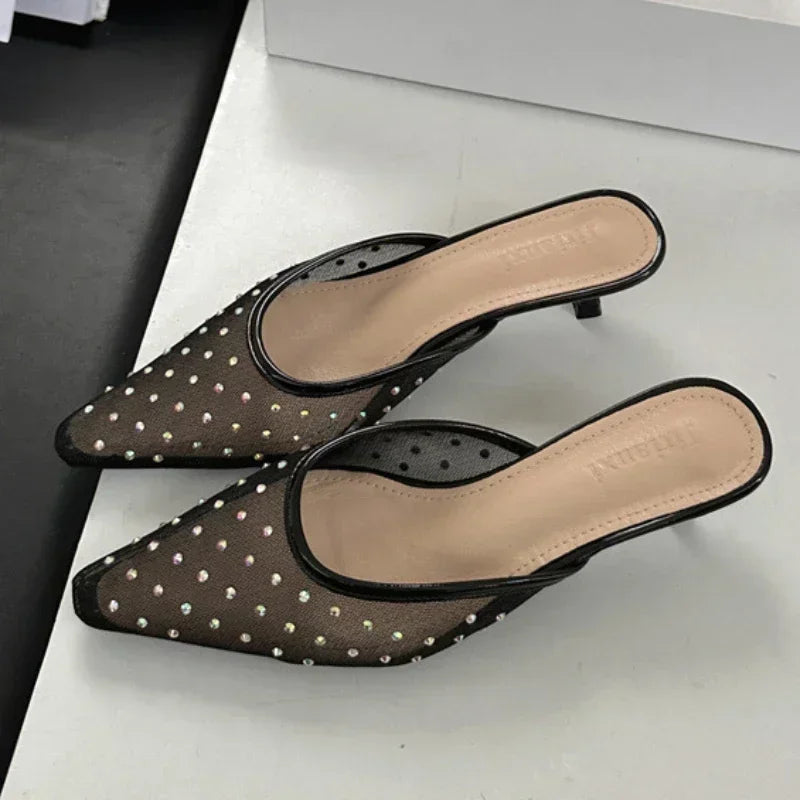 Summer Mesh Rhinestone High Heels Breathable Pointy Toe Shallow Mouth Dress Shoes Slippers Female