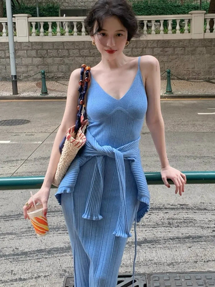 Knitted 2-piece Dress Set Crop Cardigan V-neck Spaghetti Strap Bodycon Midi Dress Autumn New Female Clothing