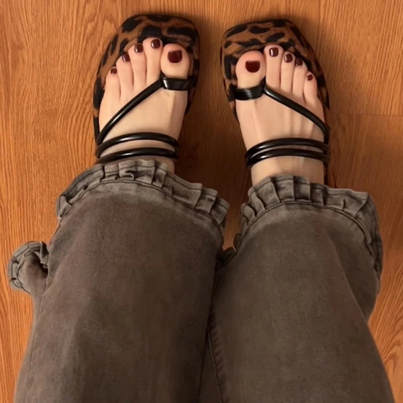 Summer Leopard Wedges Heel Slippers Clip Toe Dress Slide Shoes Thick Bottom Flip Flop