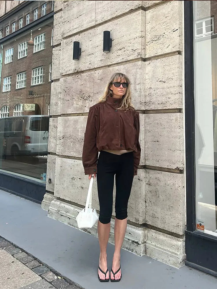 Retro Brown Suede Short Jacket Stand Collar Full Sleeves Single Breasteds Loose Coats Autumn Lady Street Wear