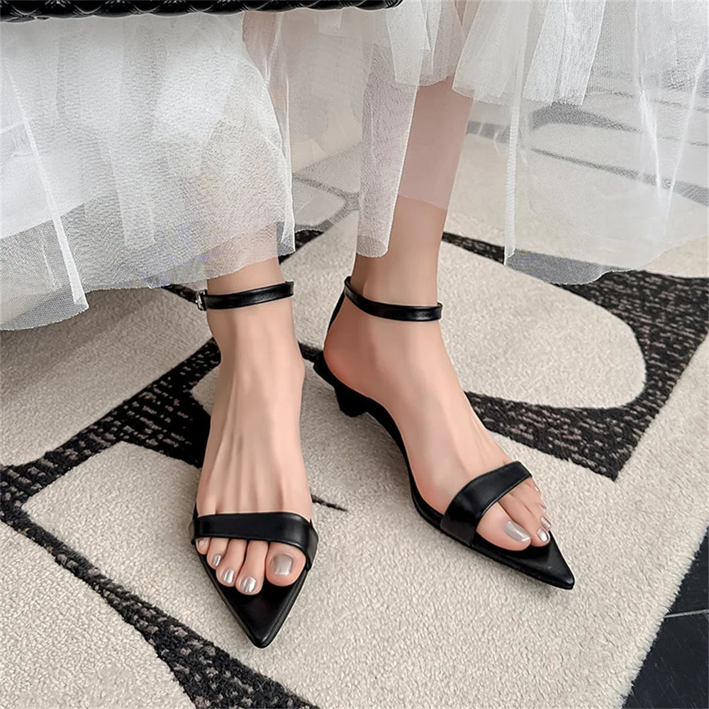 Leopard Sandals Leather Kitten High Heels Pointed Toe Party Wedding Shoes Woman Buckles Prom Summer Pumps