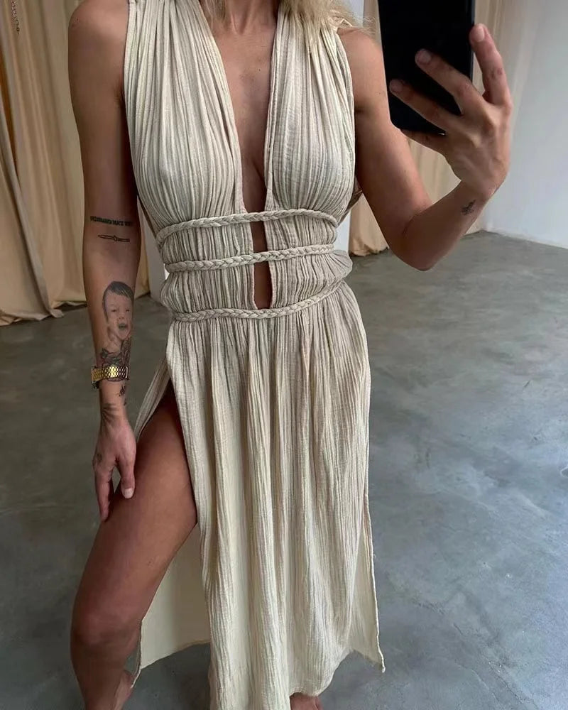 Deep Vneck Party Dress Summer Loungewear Sleeveless Maxi Dress Hollow Out Dress Vestidos
