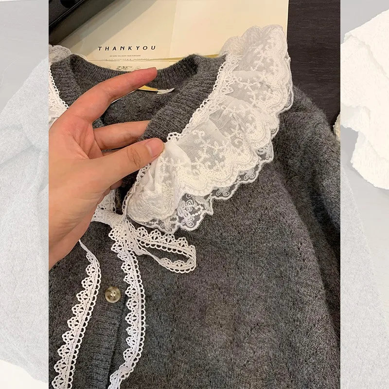 Sweet Kawaii Sweater Gray Lace Doll Neck Knit Cardigan Clothing Autumnwinter Soft Lazy Vneck Coat
