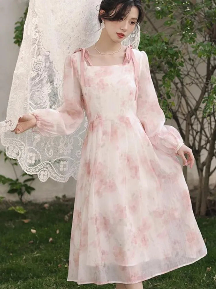 Party Long Dresses Spring Fairycore Dress Pink Bow Laceup French Style Square Neck Fairy Dresses Female Cloting New
