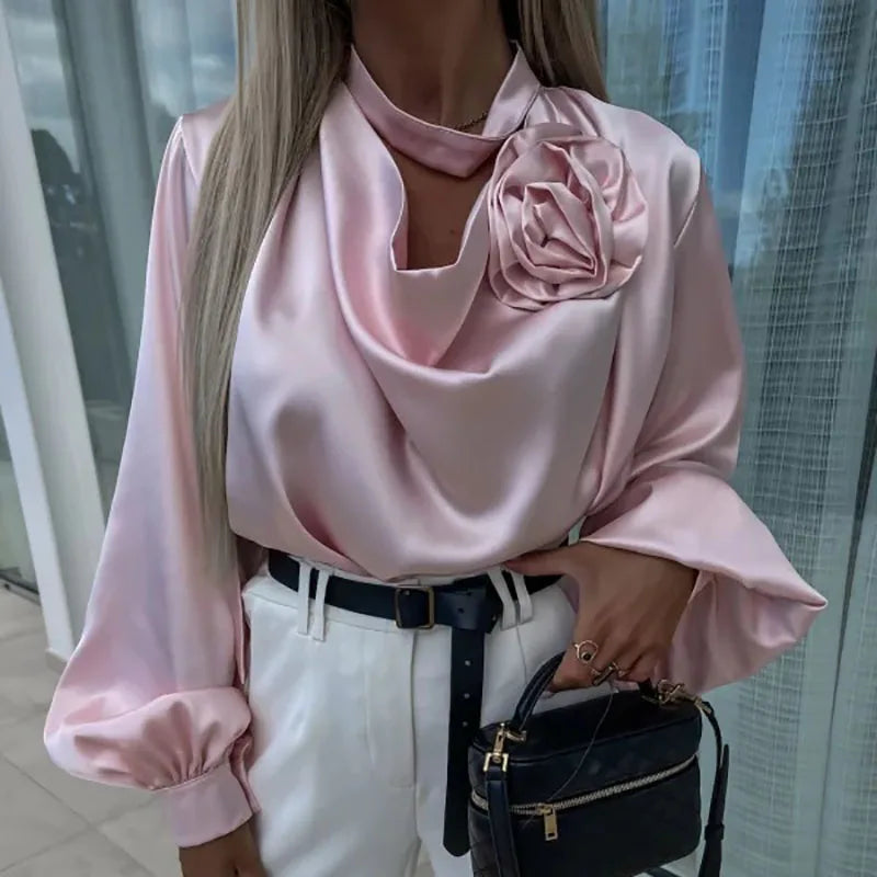 Commuter Lady Vneck Draped Blouses Spring Flower Design Satin Top Pullover Autumn Long Sleeve Button Shirts Mujer