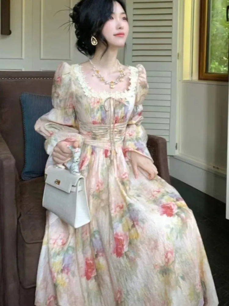 Autumn Painting Printed Long Dress French New Square Collar Lantern Sleeve Midi Dress Laceup Lady Vestidos Largos