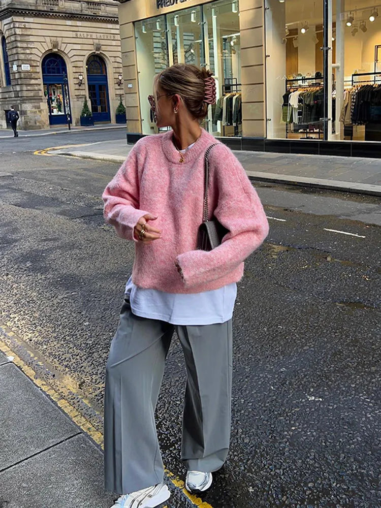 Oversize Pink Cashmere Base Sweater Long Sleeve Round Collar Pullover New Lady High
